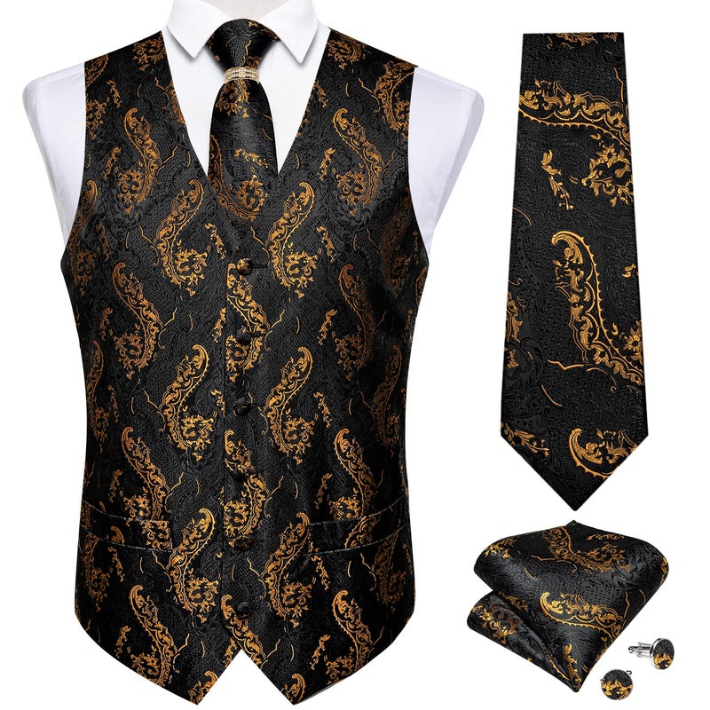 DiBanGu Black Gold Vest and Tie Set for Men Suit Paisley Formal Business Dress Waistcoat for Wedding