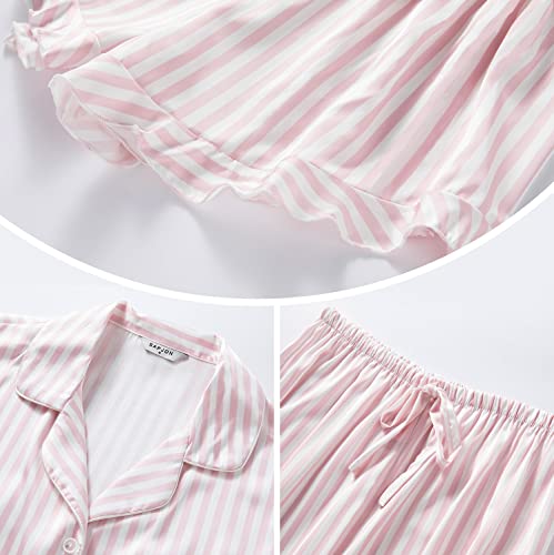SAPJON Satin Silk Pajamas for Women 2Pcs Ruffle Notch Collar Sleepwear Button Down Short Sleeve Shorts Pjs Set Loungewear - Image 4