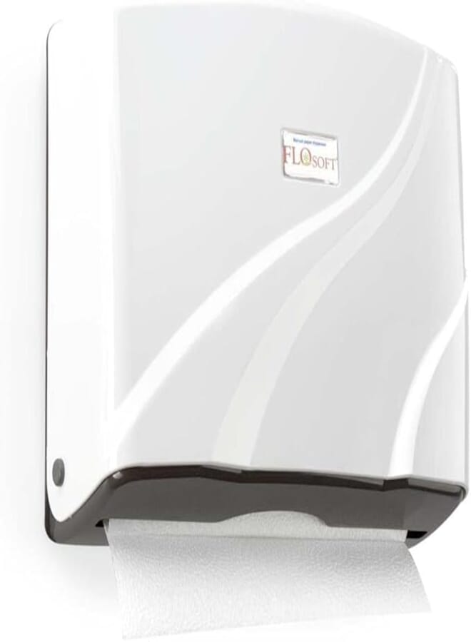 Flosoft Wall-Mounted Comercial Paper Towel Dispenser,Plastic Bathroom Hand Towel Dispenser with Lock Design, 200 Z-Fold Capacity,White.