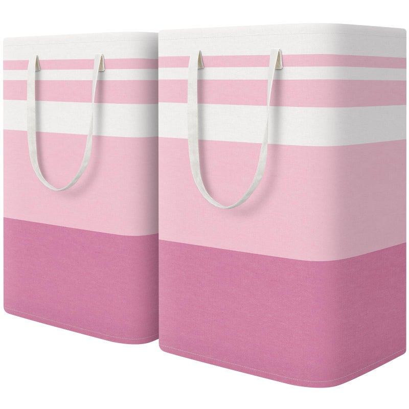 HomeHacks 2 Pack Large Laundry Baskets, Waterproof, Freestanding Laundry Hampers, Collapsible Clothes Hamper with Reinforced Handles in Laundry, College Dorm, Bathroom, Bedroom (Pink, 75Lx2) - Image 1