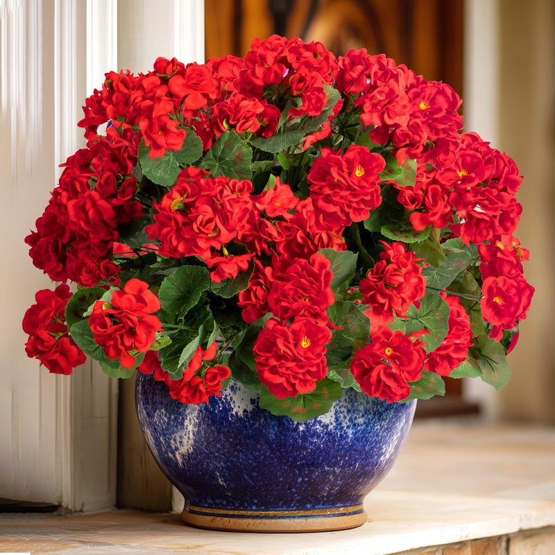 Uqueeten Artificial Flowers for Outdoors Artificial Geranium,8PCS Fake Flower Geranium Artificial Plant Home Decor,Silk Geraniums Artificial Flowers Realistic Outdoor Flower Decoration (Red) 14.4" - Image 1
