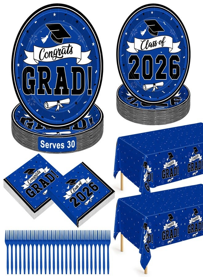 QZYL 122 Pcs 2026 Graduation Decorations Serves 30, Graduation Party Plates and Napkins Set, Disposable Class of 2026 Grad Decorations, Blue Congrats Grad Paper Dinnerware Table Decor for Party - Image 1
