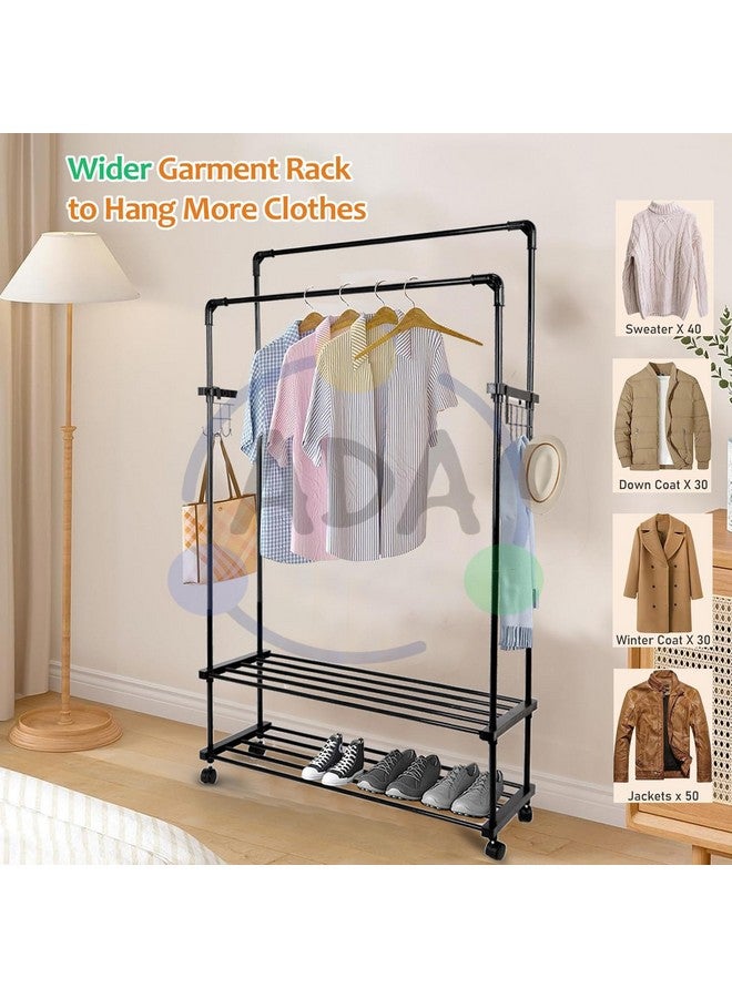 ADA metal Double Rods Garment Rack with Wheels, Multi-functional Clothing Rail for Hanging Clothes with 10 Side Hooks for Bedroom, Living Room, Hallway, Entryway - (80 x 30 x 154cm) Black - Image 4