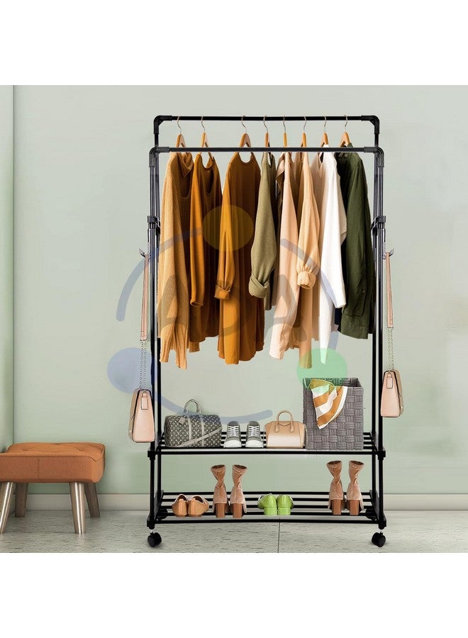 ADA metal Double Rods Garment Rack with Wheels, Multi-functional Clothing Rail for Hanging Clothes with 10 Side Hooks for Bedroom, Living Room, Hallway, Entryway - (80 x 30 x 154cm) Black - Image 1