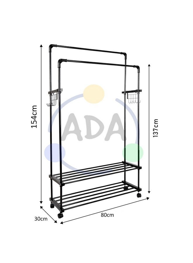 ADA metal Double Rods Garment Rack with Wheels, Multi-functional Clothing Rail for Hanging Clothes with 10 Side Hooks for Bedroom, Living Room, Hallway, Entryway - (80 x 30 x 154cm) Black - Image 5