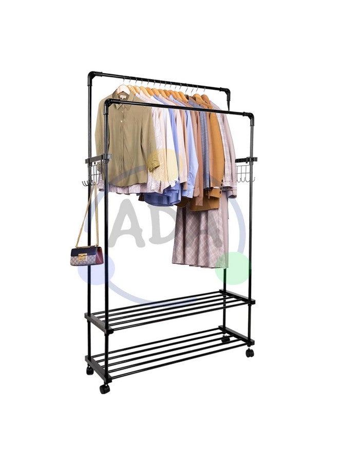 ADA metal Double Rods Garment Rack with Wheels, Multi-functional Clothing Rail for Hanging Clothes with 10 Side Hooks for Bedroom, Living Room, Hallway, Entryway - (80 x 30 x 154cm) Black - Image 2