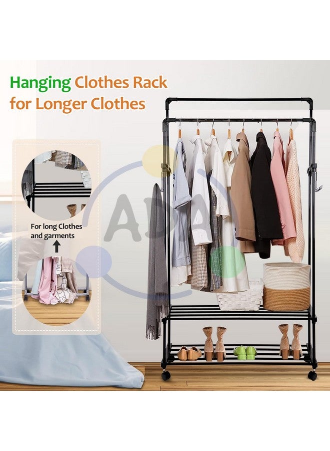 ADA metal Double Rods Garment Rack with Wheels, Multi-functional Clothing Rail for Hanging Clothes with 10 Side Hooks for Bedroom, Living Room, Hallway, Entryway - (80 x 30 x 154cm) Black - Image 3