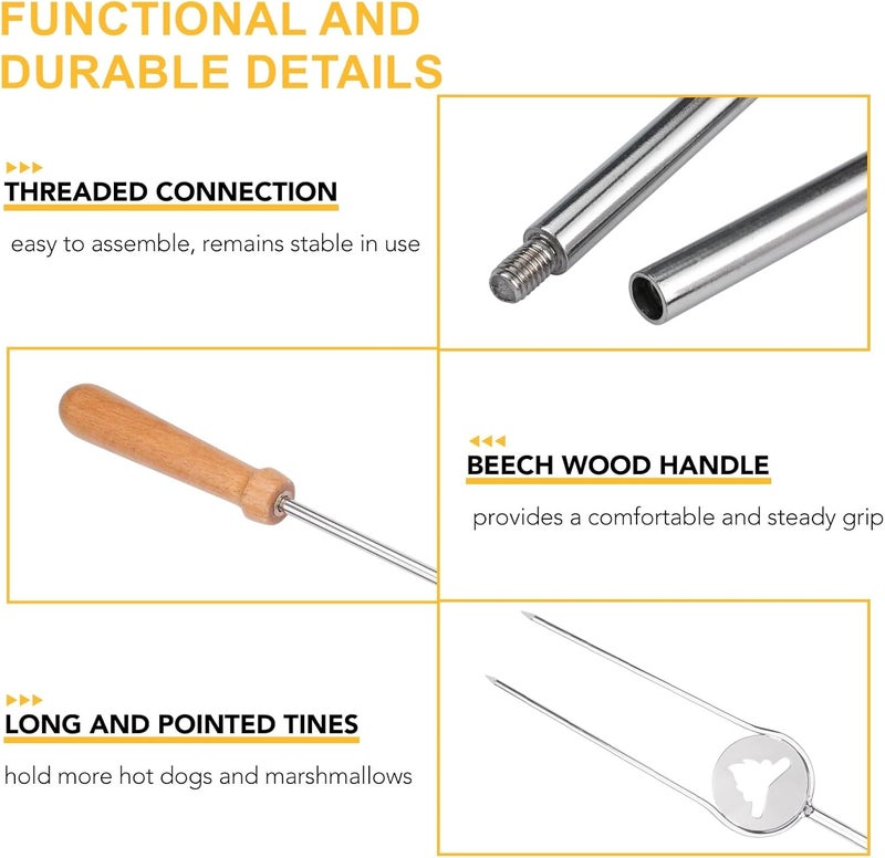 Begatter Heavy Duty Hot Dog Roasting Sticks for Campfire, Extendable Marshmallow Sticks for Fire Pit, 32" Long Smores Sticks, Stainless Steel Skewers for Hotdogs and Smores, Beech Wood Handle, 4 Pack - Image 4