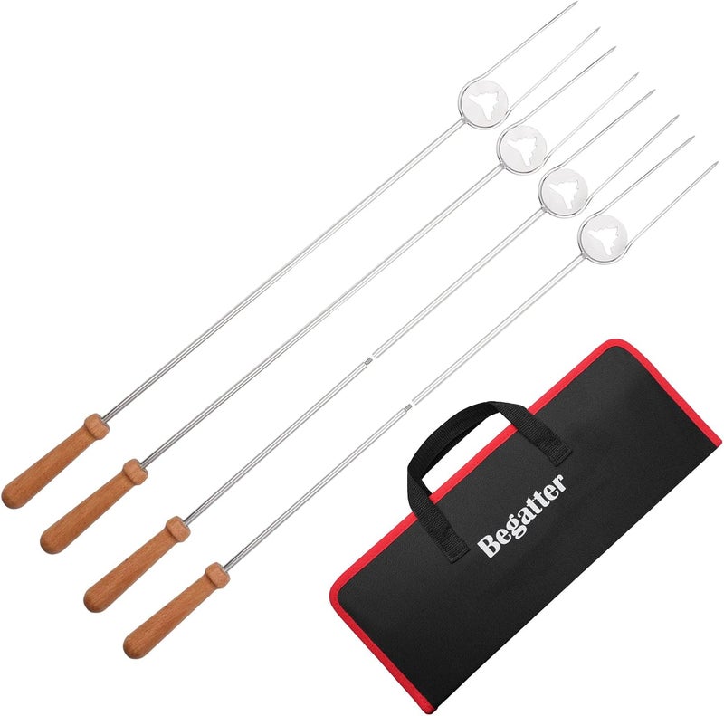 Begatter Heavy Duty Hot Dog Roasting Sticks for Campfire, Extendable Marshmallow Sticks for Fire Pit, 32" Long Smores Sticks, Stainless Steel Skewers for Hotdogs and Smores, Beech Wood Handle, 4 Pack - Image 1