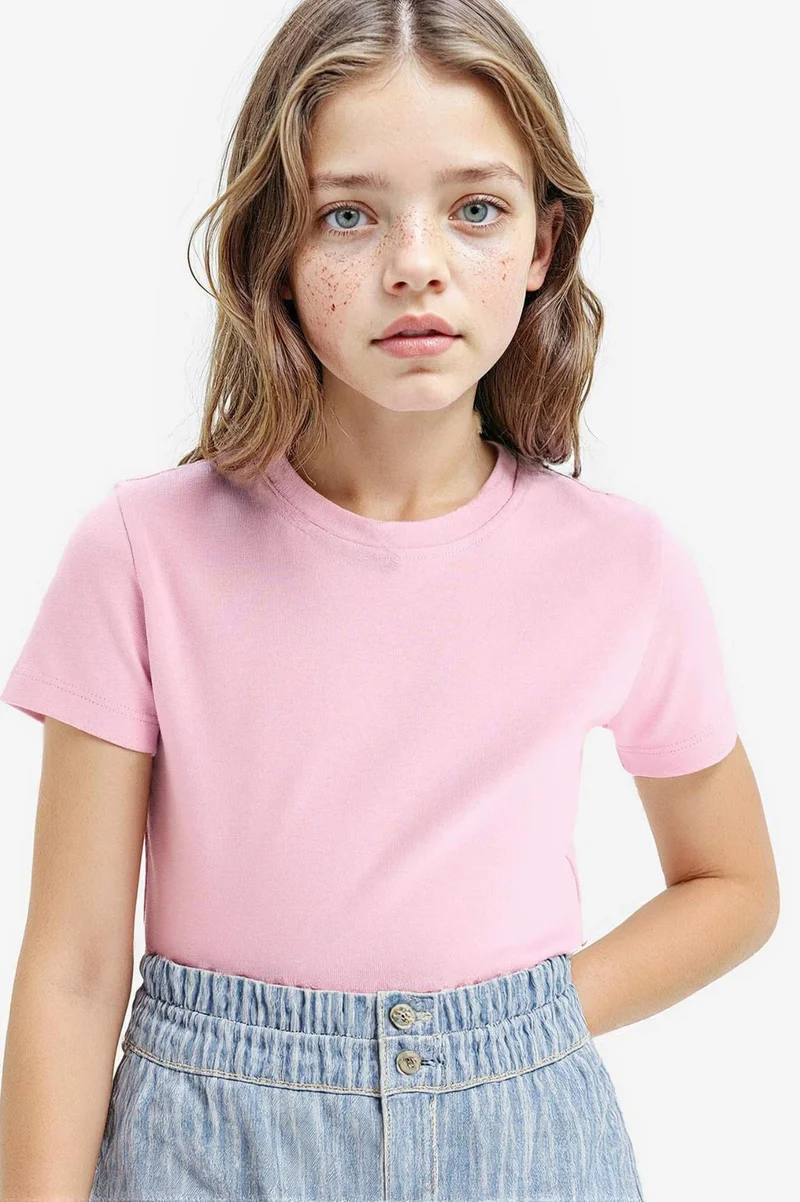 ديفاكتو Girl Slim Fit Crew Neck Ribbed Basic T-Shirt