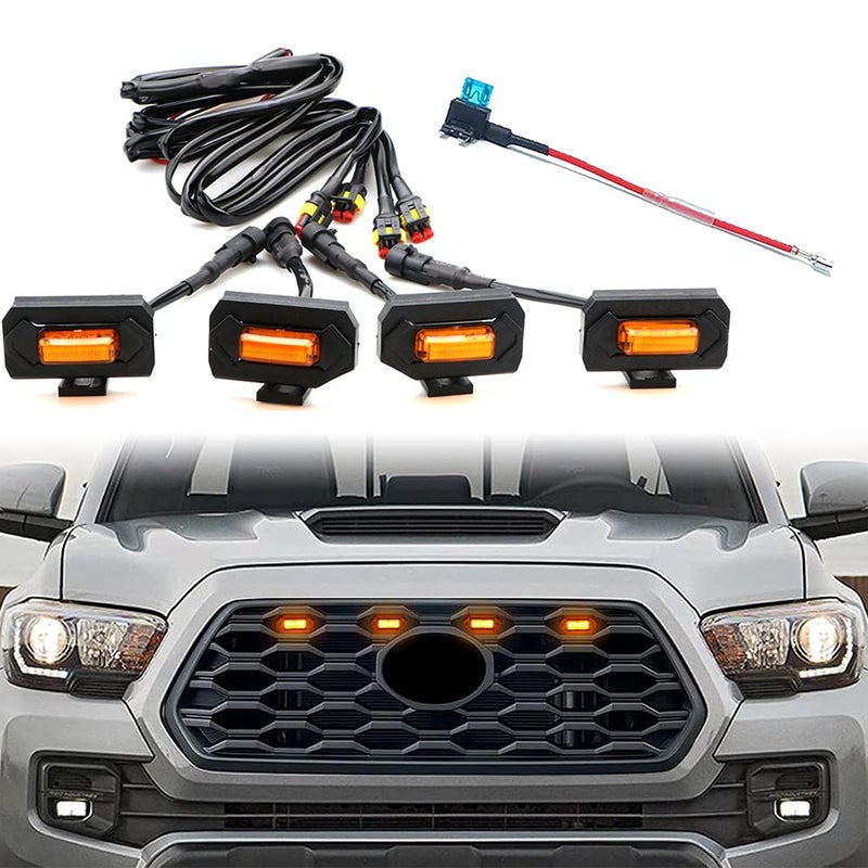 4pcs LED Grill Lights for Tacoma 2020 2021 OEM Grille Including TRD Off Road and Sport Models Raptor Style LED Light Amber Light with Amber housing