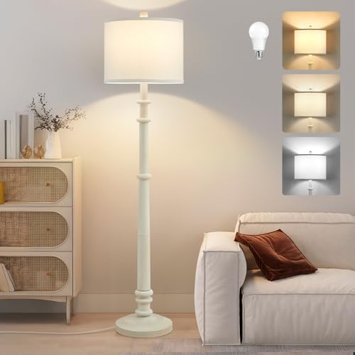 EJIAXIN Floor Lamps for Living Room - 60" Resin Farmhouse Floor Lamp with Adjustable Color Temperatures - Vintage Standing Lamp Reading Light with Linen Shade Retro Tall Lamp for Bedroom Office, Almond White - Image 1