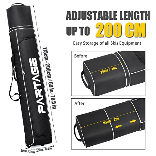 Partage Ski Bag - Ski Bag with Wheels Waterproof Ski Travel Bag Ski Boot Bag 600D Heavy Duty Oxford Fabric - Adjustable Length Up to 200cm Easy to Store and Transport Suitable for Men Women - Image 2