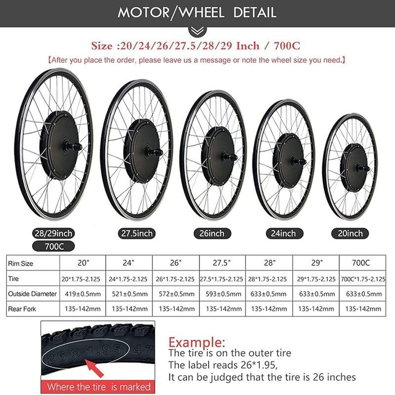 WZFANJIJ Electric Bicycle Waterproof Kit, Rear Motor Kit, with LCD3 Display, Wheel,26"-48v#1500w - Image 2