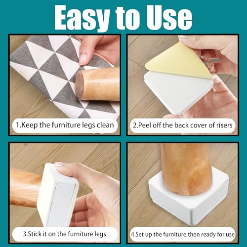 AUXBC 1.2 Inch Self-Adhesive Furniture Riser, Square Carbon Steel Bed Table Sofa Lift Heavy Duty Bed Riser, Adds 1.2 Inch Height with Felt Pad (4Pcs/White) - Image 5