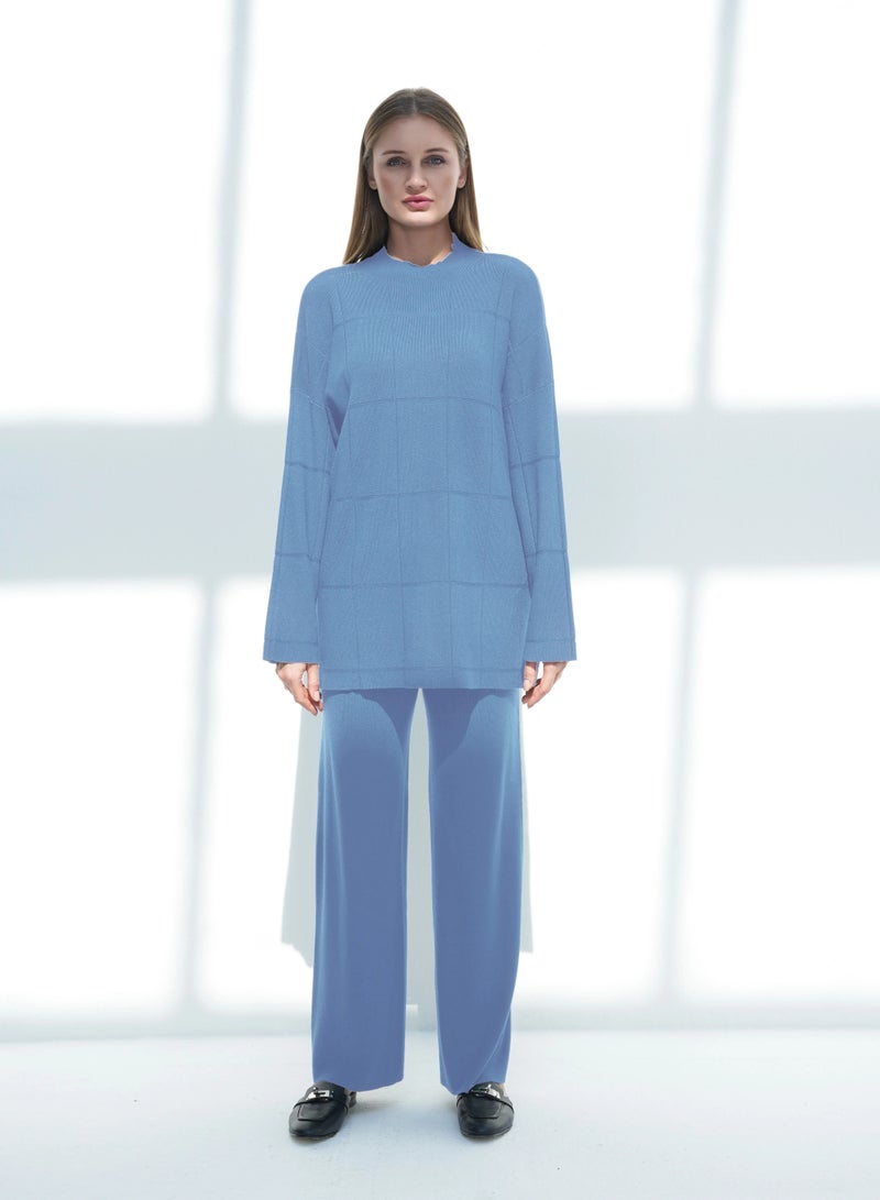 Andy 2316 | Women's Premium Knitwear Two-Piece Set – Long-Sleeve High-Neck Tunic Top with Relaxed Wide-Leg Trousers | Elegant & Versatile Outfit for Everyday Comfort and Style | Aqua Blue