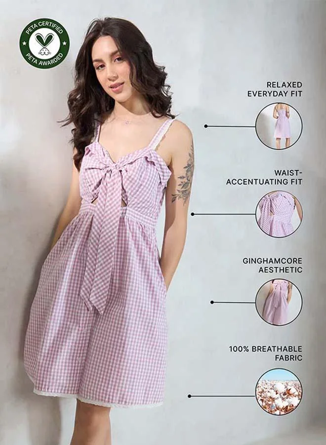 فيرجيو Virgio Women Cotton Sweet Heart Neck Mini Length Checks Sleeveless Dress