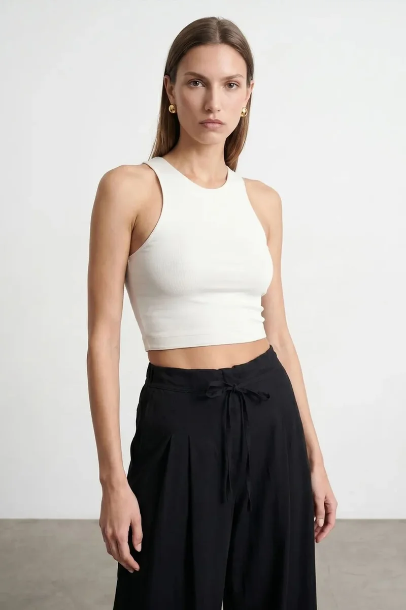 Dilvin White DILVIN Ribbed Sleeveless Crop Blouse for Women | Best Price UAE