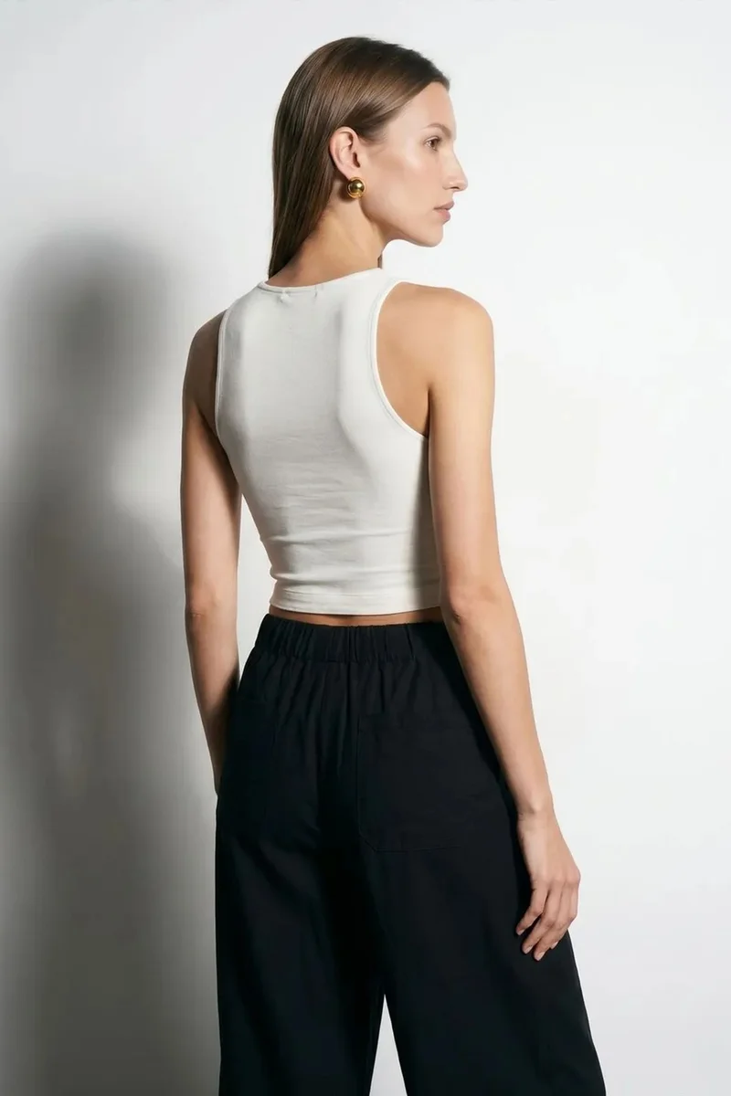Dilvin White DILVIN Ribbed Sleeveless Crop Blouse for Women | Best Price UAE