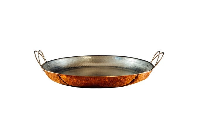 ALICANTE PAELLA COOKING PAN 15 INCH DIAMETER PATENTED STAINLESS STEEL HANDLE DESIGN HAND HAMMERED HEAVY GAUGE 100 PURE COPPER SERVES 68 ADULTS