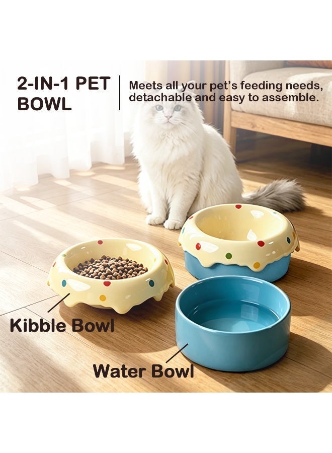Nailuck Removable 2-in-1 Ceramic Pet Bowl, Ice Cream Polka Dot Design, High-Temperature Ceramic, Dishwasher Safe, Anti-Black Chin Cat Food Water Bowl, Blue - Image 2
