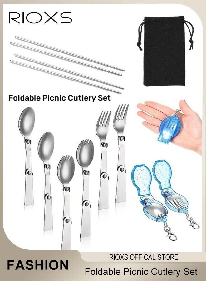RIOXS Foldable Picnic Cutlery Set Stainless Steel Cutlery Set Portable Utensils Set Travel Camping Picnic Travel Utensils with Storage Bag  - Image 1