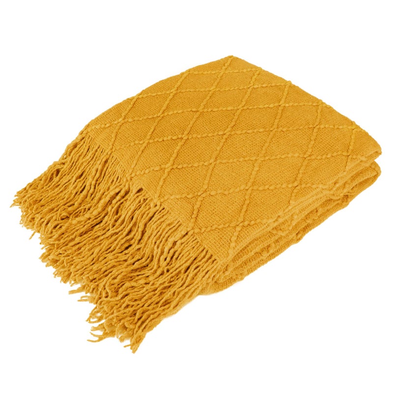 PAVILIA PAVILIA Mustard Yellow Knit Throw Blanket Couch  Soft Knitted Boho Blanket  Farmhouse Home Decor Woven Throw  Cozy Decorative Afghan Bed Sofa  Outdoor Summer Fall Gift Lightweight  Gold Yellow  50x60  - Image 1