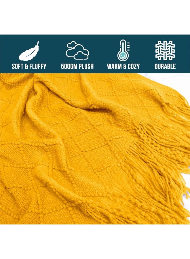 PAVILIA PAVILIA Mustard Yellow Knit Throw Blanket Couch  Soft Knitted Boho Blanket  Farmhouse Home Decor Woven Throw  Cozy Decorative Afghan Bed Sofa  Outdoor Summer Fall Gift Lightweight  Gold Yellow  50x60  - Image 4