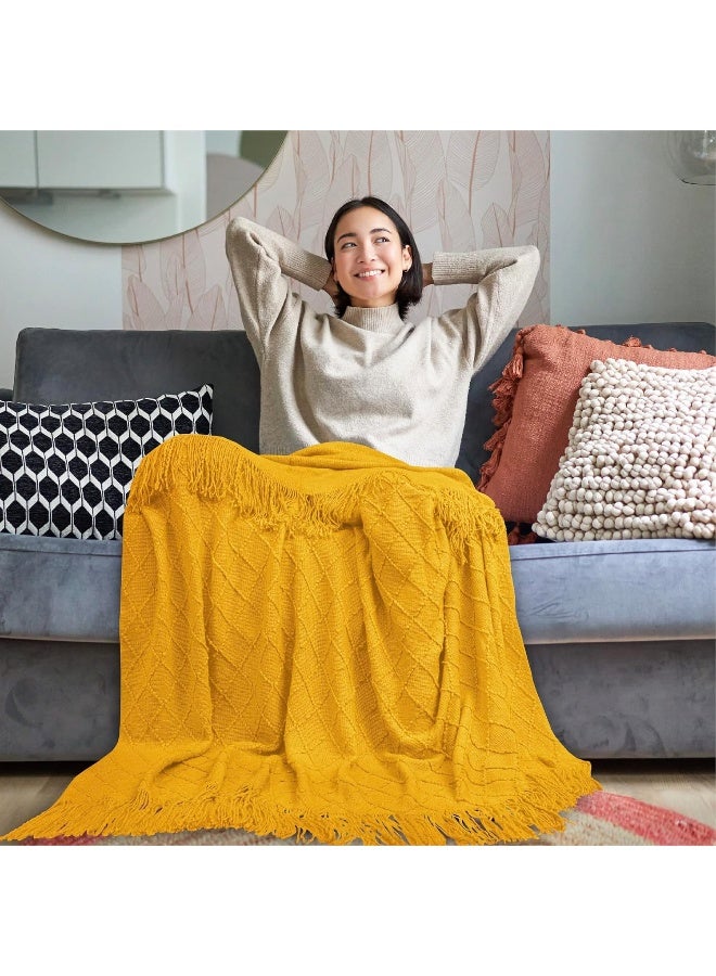 PAVILIA PAVILIA Mustard Yellow Knit Throw Blanket Couch  Soft Knitted Boho Blanket  Farmhouse Home Decor Woven Throw  Cozy Decorative Afghan Bed Sofa  Outdoor Summer Fall Gift Lightweight  Gold Yellow  50x60  - Image 5