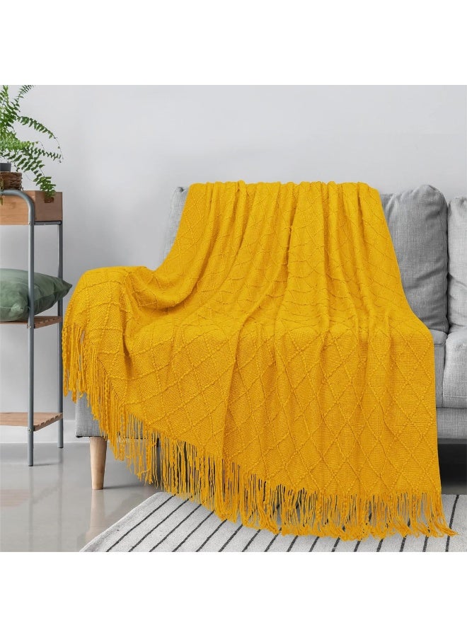 PAVILIA PAVILIA Mustard Yellow Knit Throw Blanket Couch  Soft Knitted Boho Blanket  Farmhouse Home Decor Woven Throw  Cozy Decorative Afghan Bed Sofa  Outdoor Summer Fall Gift Lightweight  Gold Yellow  50x60  - Image 2