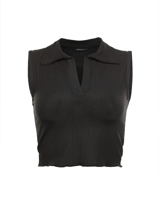 trendyol Black Fitted Polo Neck Crop Stretchy Knitted Blouse - Image 5