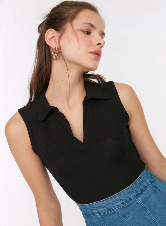 trendyol Black Fitted Polo Neck Crop Stretchy Knitted Blouse - Image 1