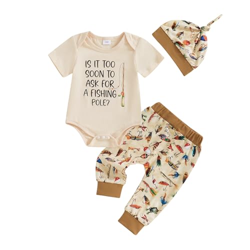 GOOCHEER Newborn Baby Boy Clothes Fishing Short Sleeve Romper Shirt Tops Pants Summer Spring Outfits Hat Set (Beige, 0-3 Months) - Image 1