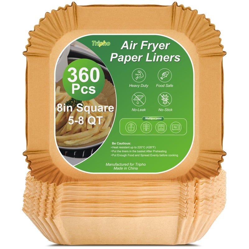 Tripho 360 Pieces 8 Inch Unbleached Square Air Fryer Paper Liners, Disposable, Non-Stick and Non-Stick Air Fryer Paper Liners for Fryer Basket, Parts and Accessories - Image 1