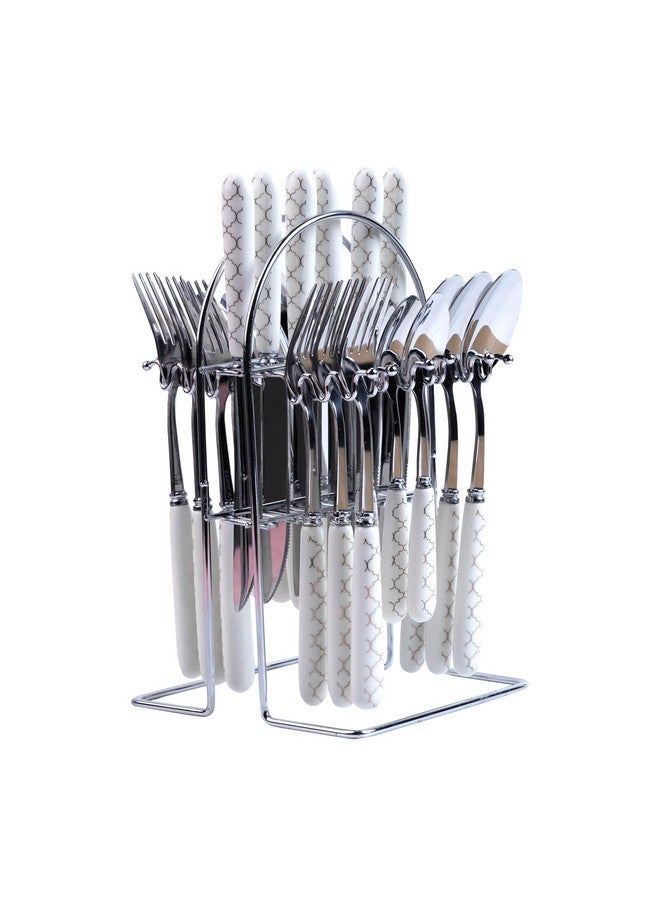MGeezz Stainless Steel Spoons, Forks & Knives Set of 24 with Stand and Ceramic Handle (Block Print) - Image 1
