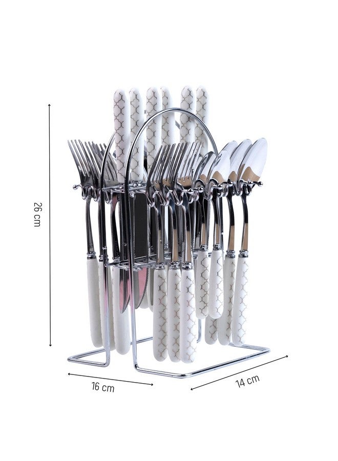 MGeezz Stainless Steel Spoons, Forks & Knives Set of 24 with Stand and Ceramic Handle (Block Print) - Image 3