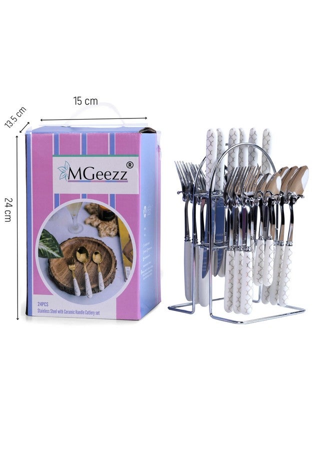 MGeezz Stainless Steel Spoons, Forks & Knives Set of 24 with Stand and Ceramic Handle (Block Print) - Image 5