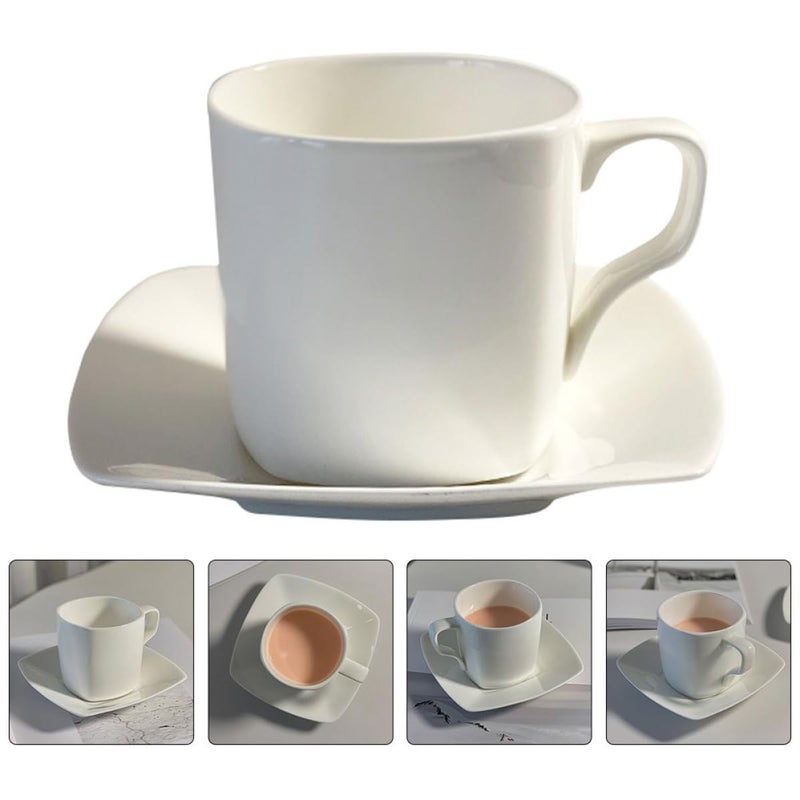 White Bone China Ceramic Square Coffee Cup And Saucer Set Rustic Latte Mug - Image 5