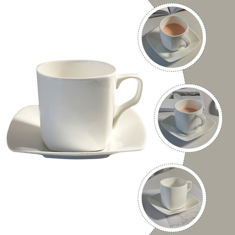 White Bone China Ceramic Square Coffee Cup And Saucer Set Rustic Latte Mug - Image 4