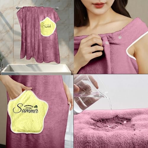 HOUSSE Wearable Microfiber Spa Bath Towel with Star Pocket for Girls & Women | Soft, Cozy Wrap with Snap Closure |Women’s Day Gift | 110 x 140 cm (Wine_Yellow) - Image 2