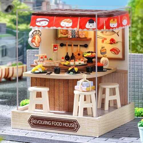 CUTEROOM Miniature House Kit CUTEROOM Tiny House Kit Wooden Dollhouse Kit Mini House Making Kit with Dust Cover DIY Sushi Dollhouse Kit Birthday Gift Food House - Image 1