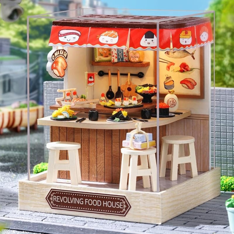 CUTEROOM Miniature House Kit CUTEROOM Tiny House Kit Wooden Dollhouse Kit Mini House Making Kit with Dust Cover DIY Sushi Dollhouse Kit Birthday Gift Food House - Image 2