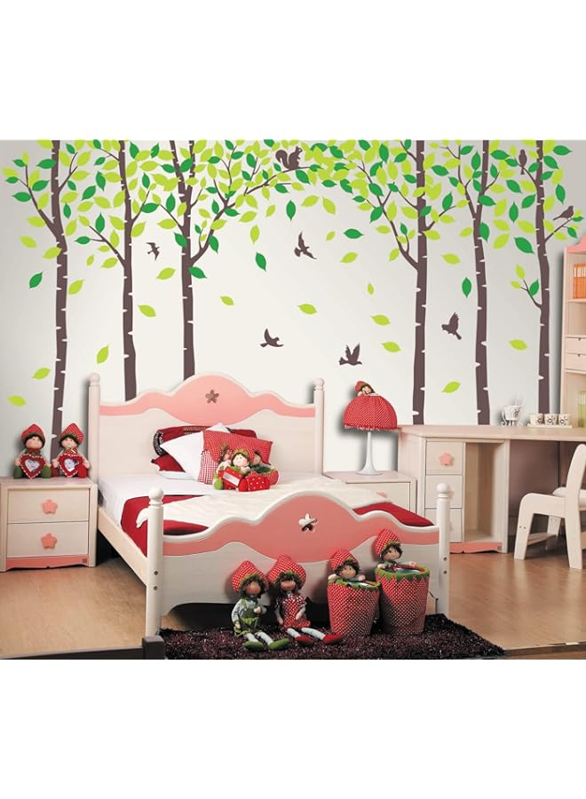 BPA Giant Family Tree Wall Decals Forest Birch Tree Wall Stickers Birds Wall Art for Kids Room Nursery Bedroom Living Room Decoration(Dark Brown and Green)