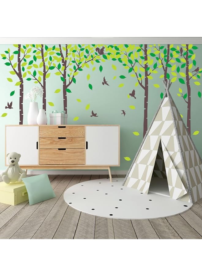 BPA Giant Family Tree Wall Decals Forest Birch Tree Wall Stickers Birds Wall Art for Kids Room Nursery Bedroom Living Room Decoration(Dark Brown and Green)