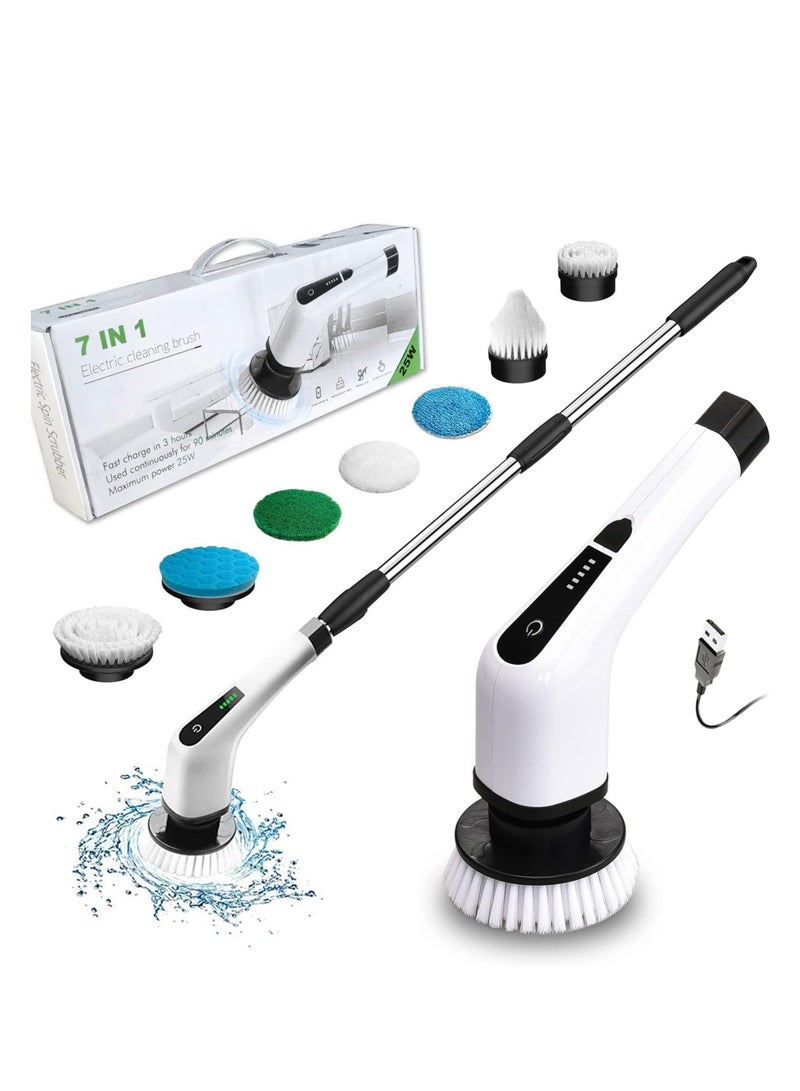 JAJEEK Cordless Electric Cleaning Brush with 7 Replaceable Brush Heads - 360° Electric Scrubbing Mop for Bathtubs, Tiles, Bathroom & Kitchen, Adjustable Handle, Rechargeable, White - Image 1