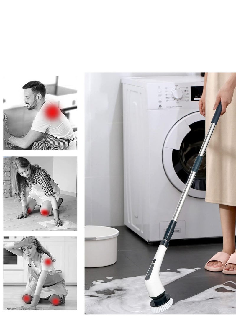 JAJEEK Cordless Electric Cleaning Brush with 7 Replaceable Brush Heads - 360° Electric Scrubbing Mop for Bathtubs, Tiles, Bathroom & Kitchen, Adjustable Handle, Rechargeable, White - Image 2