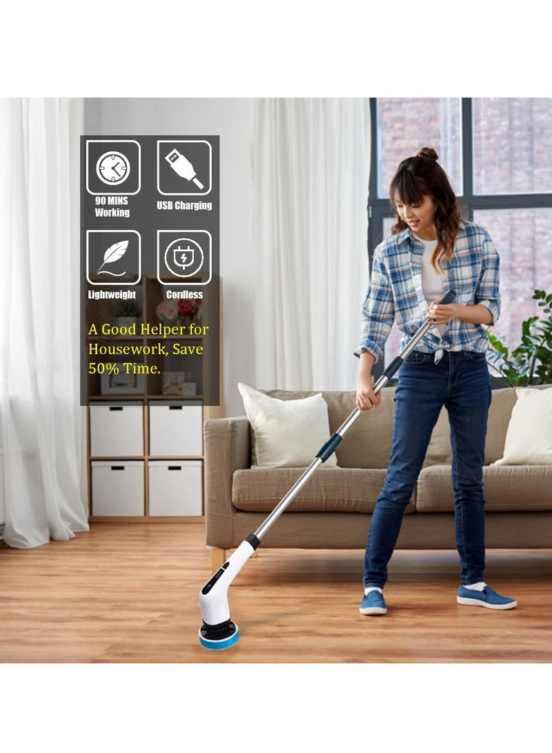 JAJEEK Cordless Electric Cleaning Brush with 7 Replaceable Brush Heads - 360° Electric Scrubbing Mop for Bathtubs, Tiles, Bathroom & Kitchen, Adjustable Handle, Rechargeable, White - Image 3