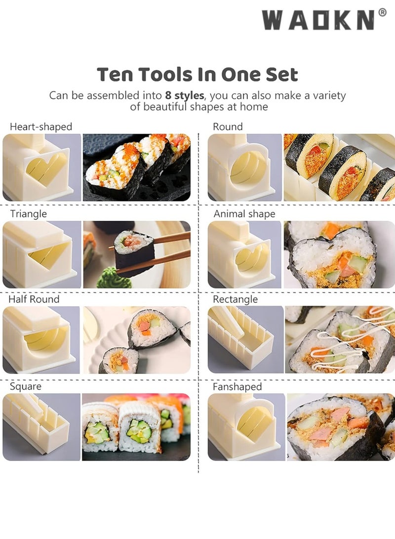 WAOKN 10 Pieces Set DIY Sushi Making Kit Ware Seaweed Sushi Mould with 8 Different Shapes of Sushi Rice Roll Mold Square Round Heart-shaped Rice and Vegetable Roll Home Cooking Tool Off-white  - Image 4