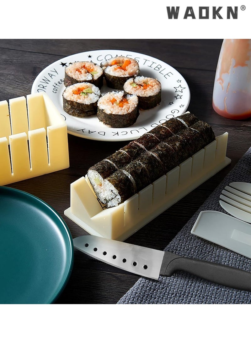 WAOKN 10 Pieces Set DIY Sushi Making Kit Ware Seaweed Sushi Mould with 8 Different Shapes of Sushi Rice Roll Mold Square Round Heart-shaped Rice and Vegetable Roll Home Cooking Tool Off-white  - Image 5