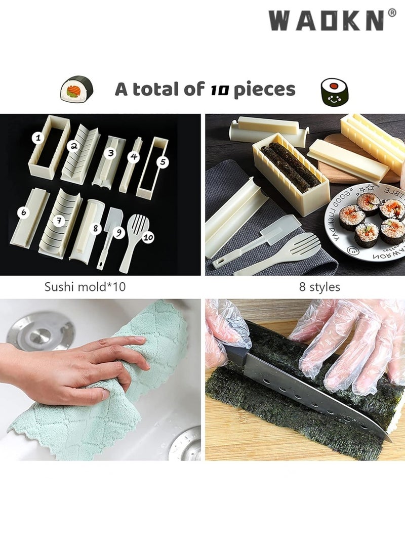 WAOKN 10 Pieces Set DIY Sushi Making Kit Ware Seaweed Sushi Mould with 8 Different Shapes of Sushi Rice Roll Mold Square Round Heart-shaped Rice and Vegetable Roll Home Cooking Tool Off-white  - Image 2